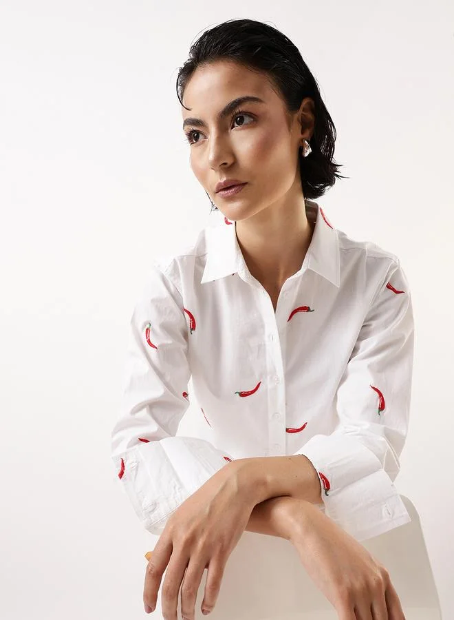 هوبرهولمي قميص نسائي أبيض مطرز بأزرار مقاس كبير قطن %