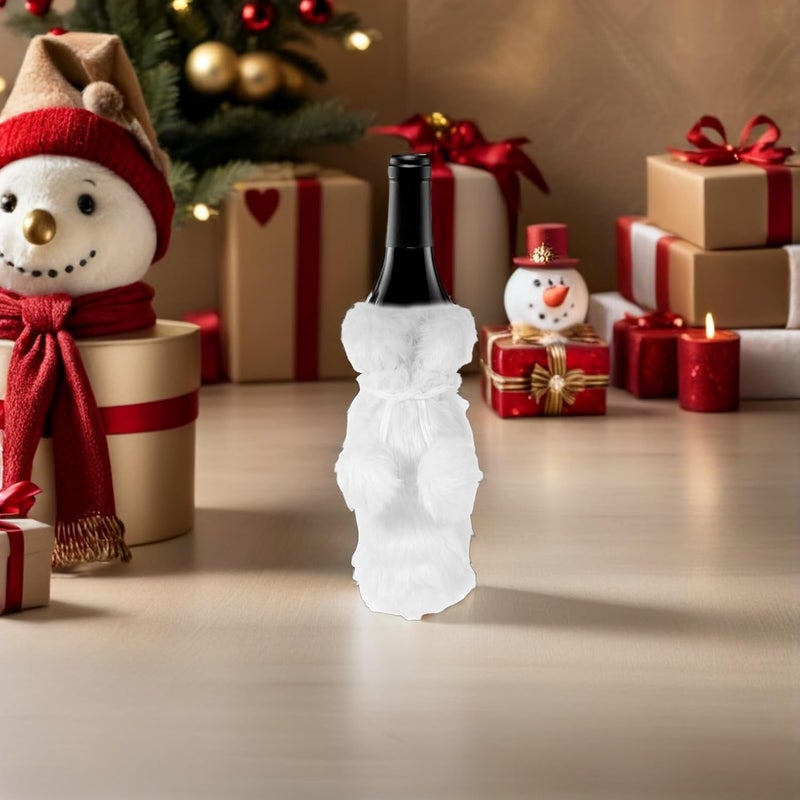 PRETYZOOM 2pcs Christmas Wine Bottle Covers Plush Felt Beverage Bags with Drawstring White Fleece Wine Tote for Holiday Party and Festive Celebration Packaging - Image 5