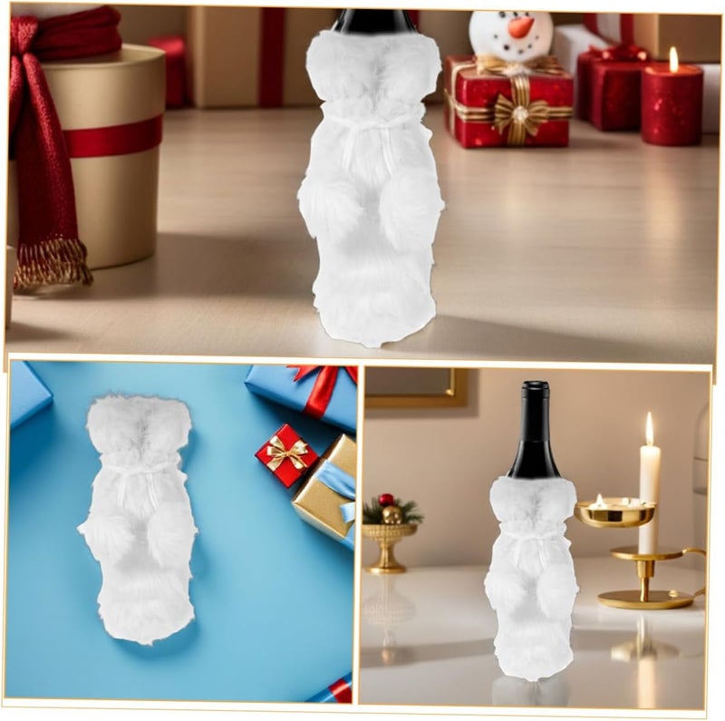 PRETYZOOM 2pcs Christmas Wine Bottle Covers Plush Felt Beverage Bags with Drawstring White Fleece Wine Tote for Holiday Party and Festive Celebration Packaging - Image 3