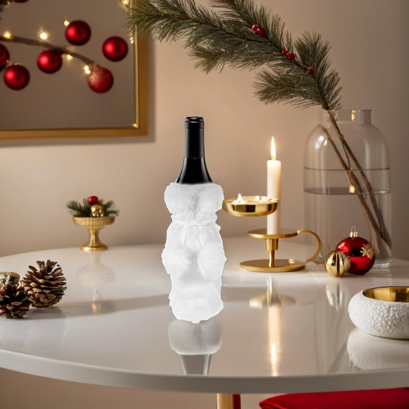 PRETYZOOM 2pcs Christmas Wine Bottle Covers Plush Felt Beverage Bags with Drawstring White Fleece Wine Tote for Holiday Party and Festive Celebration Packaging - Image 4