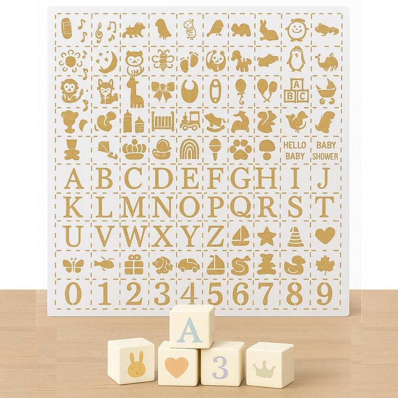 Nolia Stencil Set for Baby Shower Blocks - 100 Reusable Letter, Number & Icon Stencils for Decorating Wooden Baby Blocks, Easy Guest Activity & Keepsake Add-On - Image 1