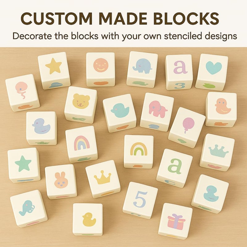 Nolia Stencil Set for Baby Shower Blocks - 100 Reusable Letter, Number & Icon Stencils for Decorating Wooden Baby Blocks, Easy Guest Activity & Keepsake Add-On - Image 5
