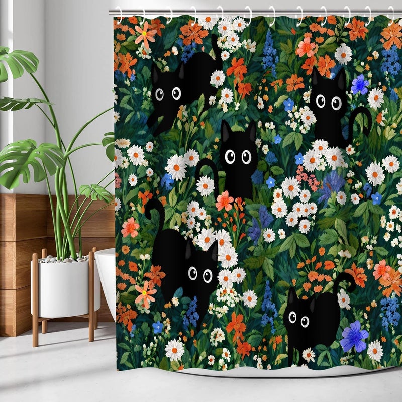 SIMSAN Fun Shower Curtain for Bathroom Boho Stall Modern Cute Aesthetic Decorative Girly Unique Cats Flowers Girls 72x72 Bath Curtain Set Print Design Teen Pretty Women Bathtub Black Cat Fabric Curtains - Image 4