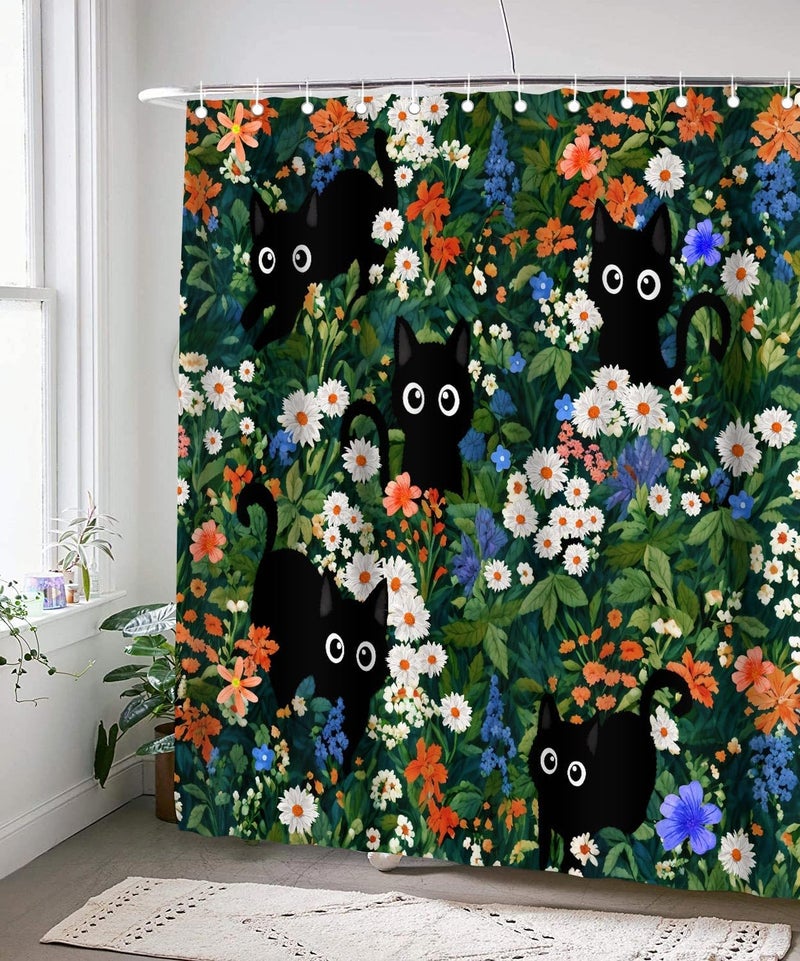 SIMSAN Fun Shower Curtain for Bathroom Boho Stall Modern Cute Aesthetic Decorative Girly Unique Cats Flowers Girls 72x72 Bath Curtain Set Print Design Teen Pretty Women Bathtub Black Cat Fabric Curtains - Image 2
