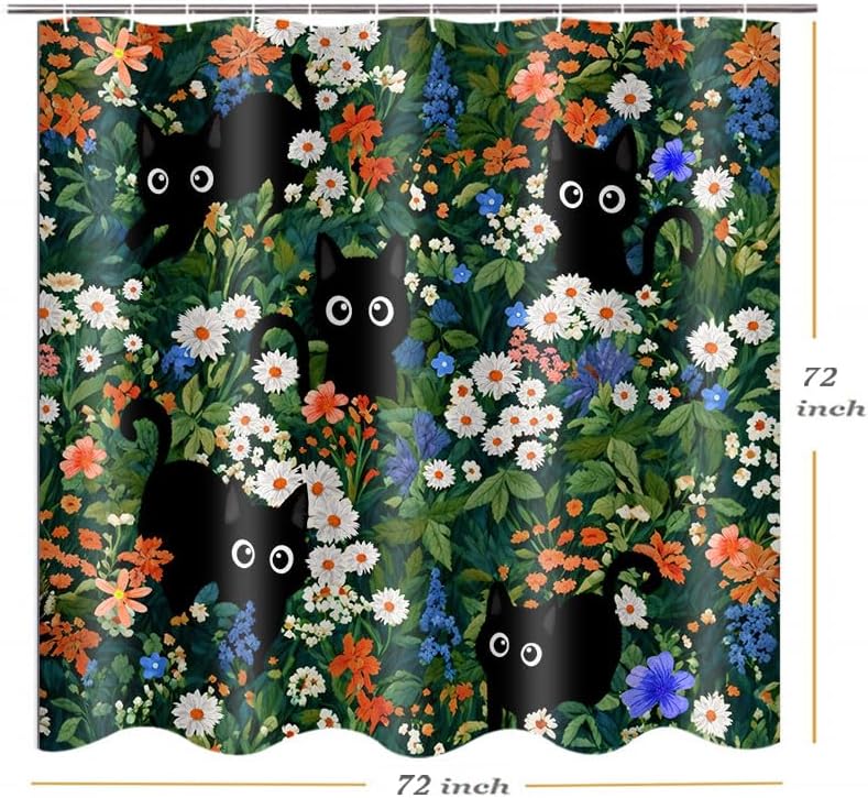 SIMSAN Fun Shower Curtain for Bathroom Boho Stall Modern Cute Aesthetic Decorative Girly Unique Cats Flowers Girls 72x72 Bath Curtain Set Print Design Teen Pretty Women Bathtub Black Cat Fabric Curtains - Image 5