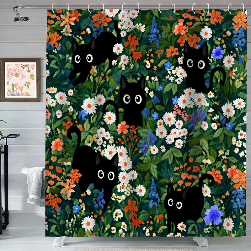 SIMSAN Fun Shower Curtain for Bathroom Boho Stall Modern Cute Aesthetic Decorative Girly Unique Cats Flowers Girls 72x72 Bath Curtain Set Print Design Teen Pretty Women Bathtub Black Cat Fabric Curtains - Image 1