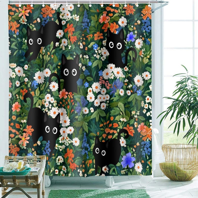 SIMSAN Fun Shower Curtain for Bathroom Boho Stall Modern Cute Aesthetic Decorative Girly Unique Cats Flowers Girls 72x72 Bath Curtain Set Print Design Teen Pretty Women Bathtub Black Cat Fabric Curtains - Image 3