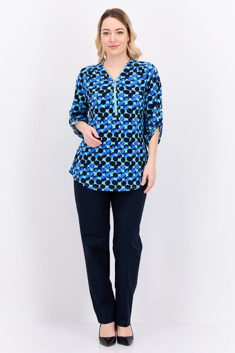 NY Collection Women V Neck Long Sleeves Allover Print Blouse, Green - Image 2