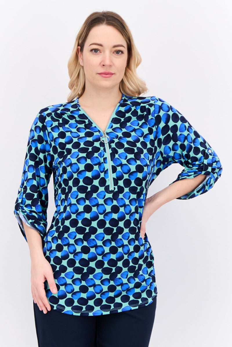 NY Collection Women V Neck Long Sleeves Allover Print Blouse, Green - Image 1