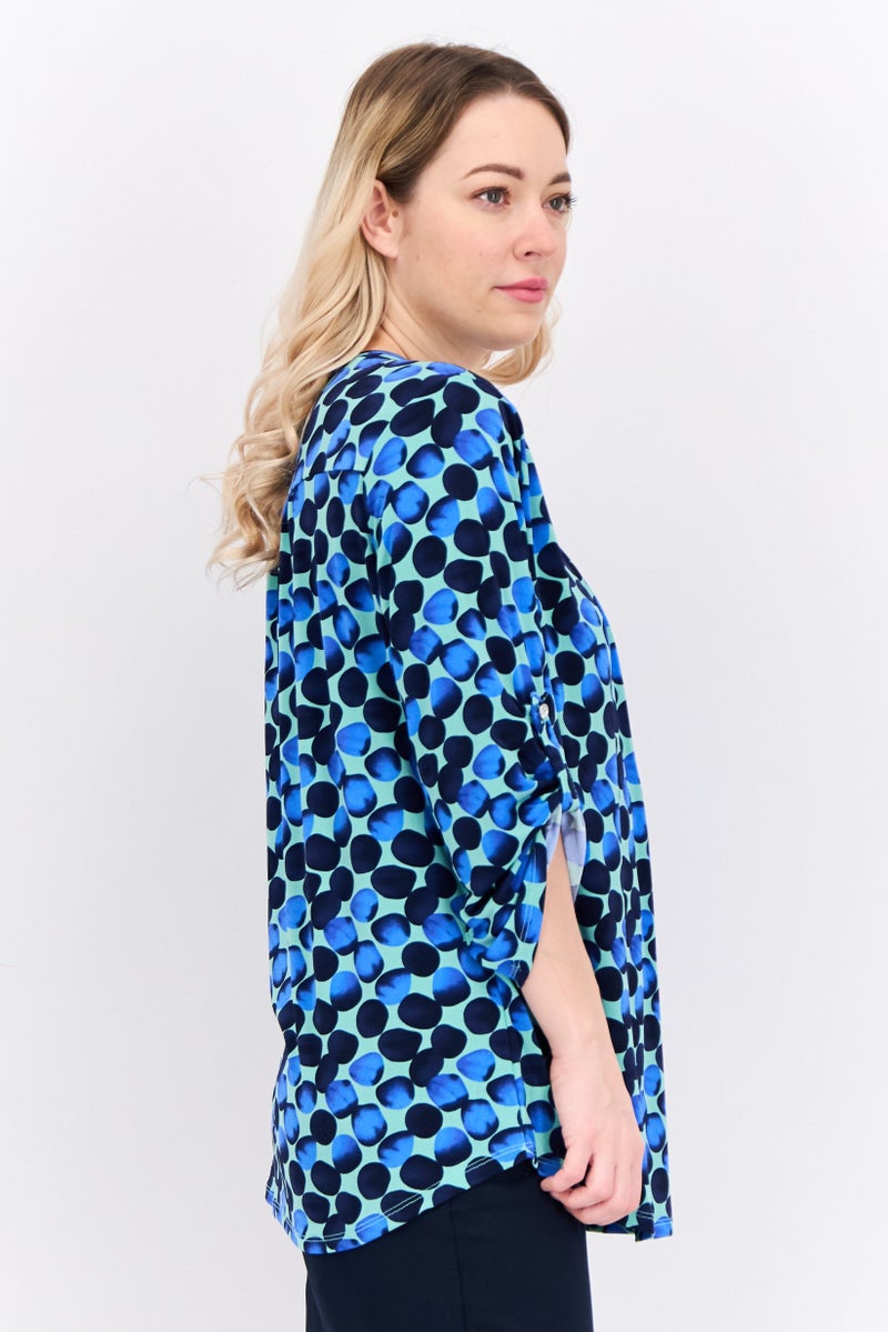 NY Collection Women V Neck Long Sleeves Allover Print Blouse, Green - Image 3