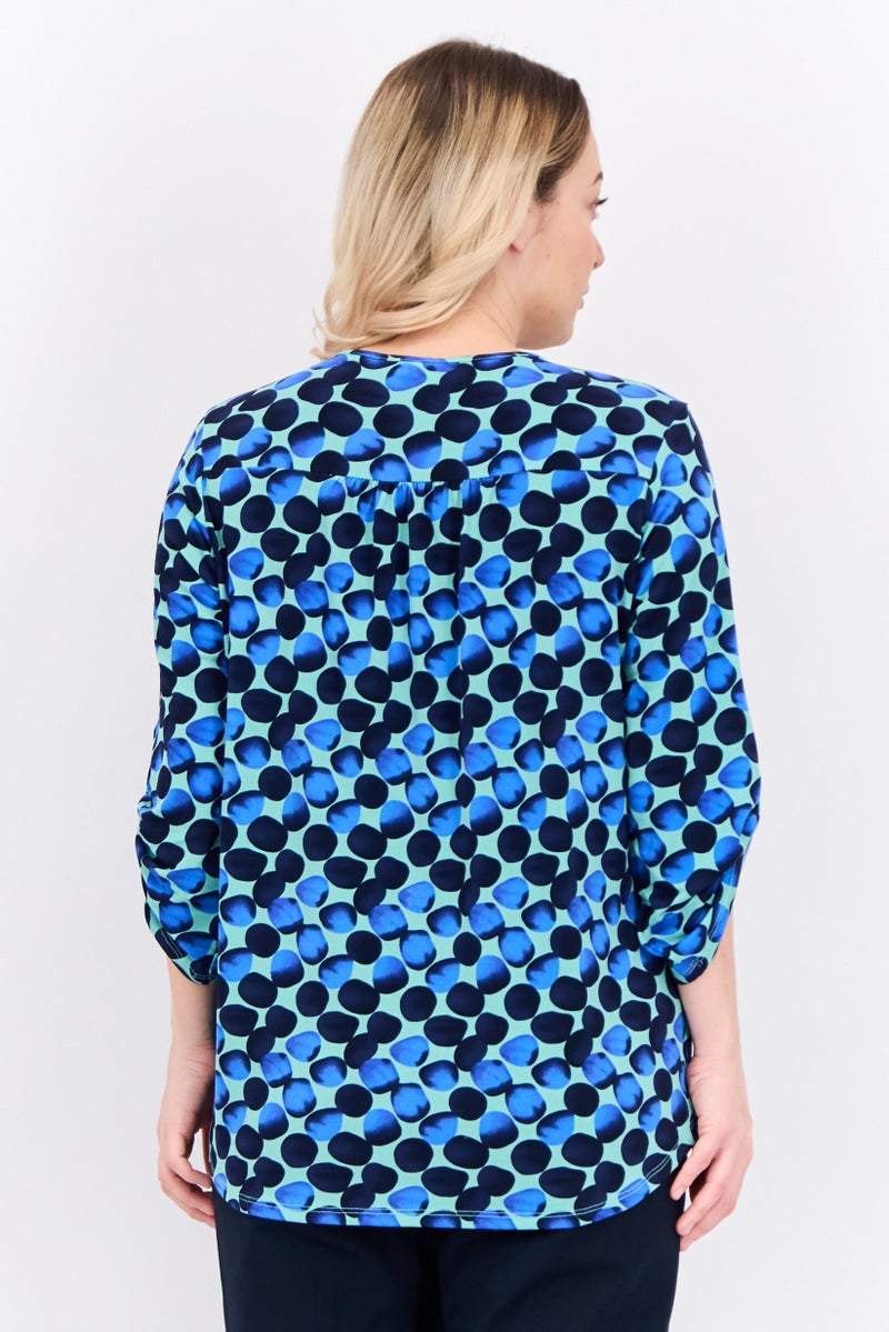 NY Collection Women V Neck Long Sleeves Allover Print Blouse, Green - Image 4