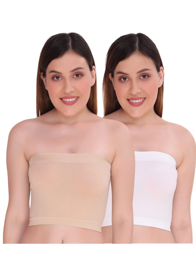 Glamroot Women's Non Padded Strapless Tube Bra (Pack Of 2) White/Beige - Image 1