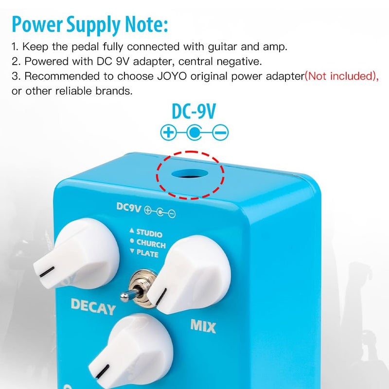 JOYO Reverb Effect Pedal Digital Guitar Pedal with 3 Reverb Effects (Studio, Church, Plate) for Electric Guitar - True Bypass (MOIST JF-20) - Image 5