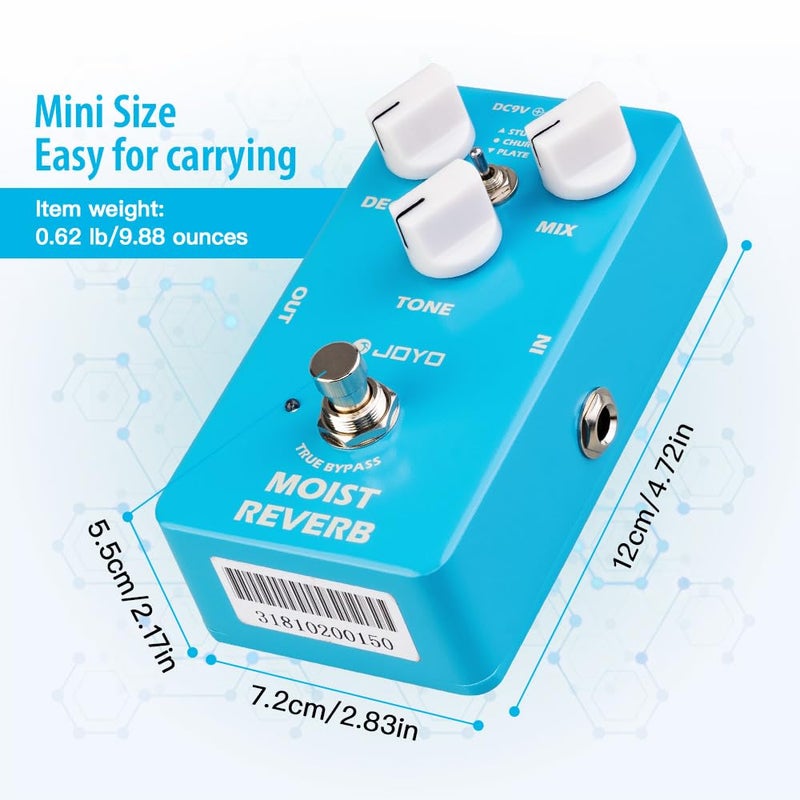 JOYO Reverb Effect Pedal Digital Guitar Pedal with 3 Reverb Effects (Studio, Church, Plate) for Electric Guitar - True Bypass (MOIST JF-20) - Image 4