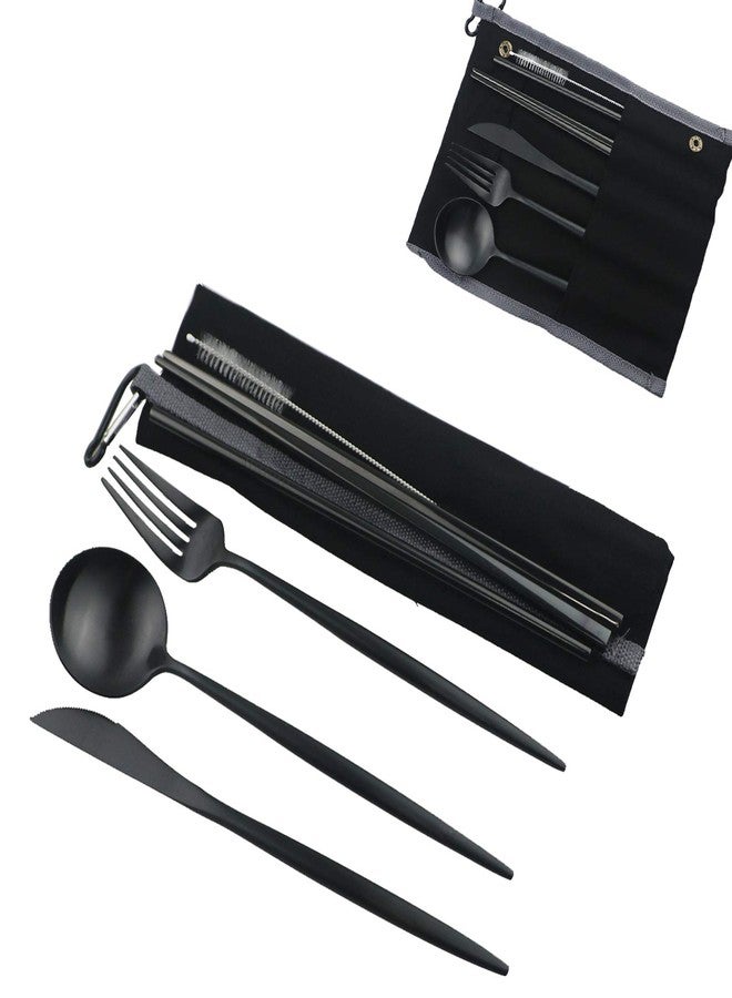 Gugrida Luxury Black Matte Portable 18/10 Stainless Steel Travel Flatware Sets of 7 Portable Camping Cutlery Set, Healthy & Eco-Friendly Flatware Set with Carrying Case for Travel or Camping - Image 1