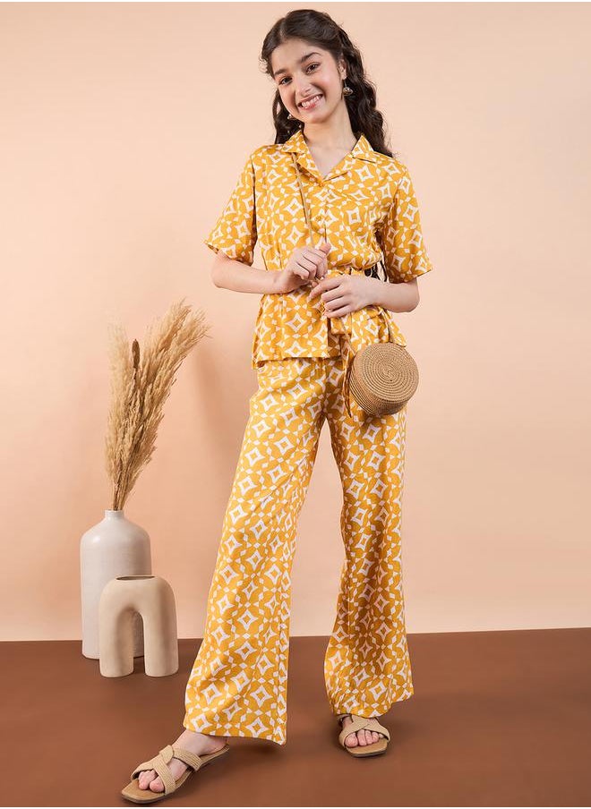 Stylo Bug Yellow Printed Collared Top & Trouser Set for Girls by Styli  - Image 2