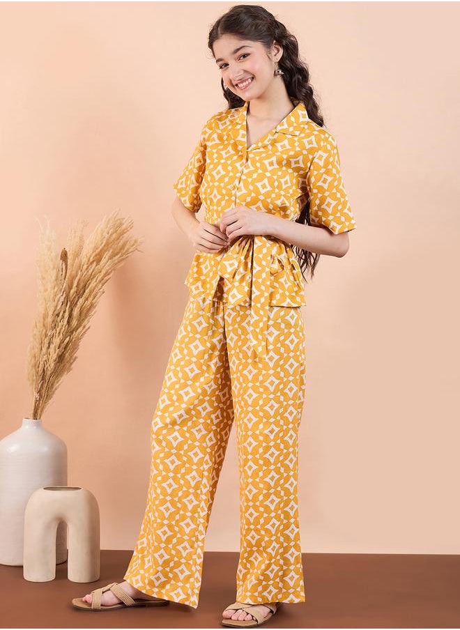 Stylo Bug Yellow Printed Collared Top & Trouser Set for Girls by Styli  - Image 3