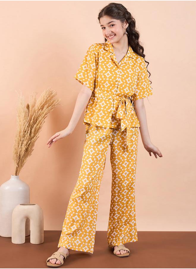 Stylo Bug Yellow Printed Collared Top & Trouser Set for Girls by Styli  - Image 1