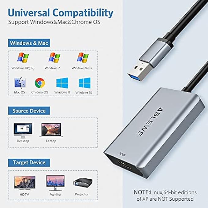 ABLEWE USB TO HDMI ADAPTER FOR MAC OS, ALUMINUM HDMI TO USB AUDIO VIDEO CONVERTER FOR PC LAPTOP PROJECTOR HDTV,SUPPORT MAC OS,WIN10/8.1/8/7,CHROME OS(NOT SUPPORT LINUX) - Image 2