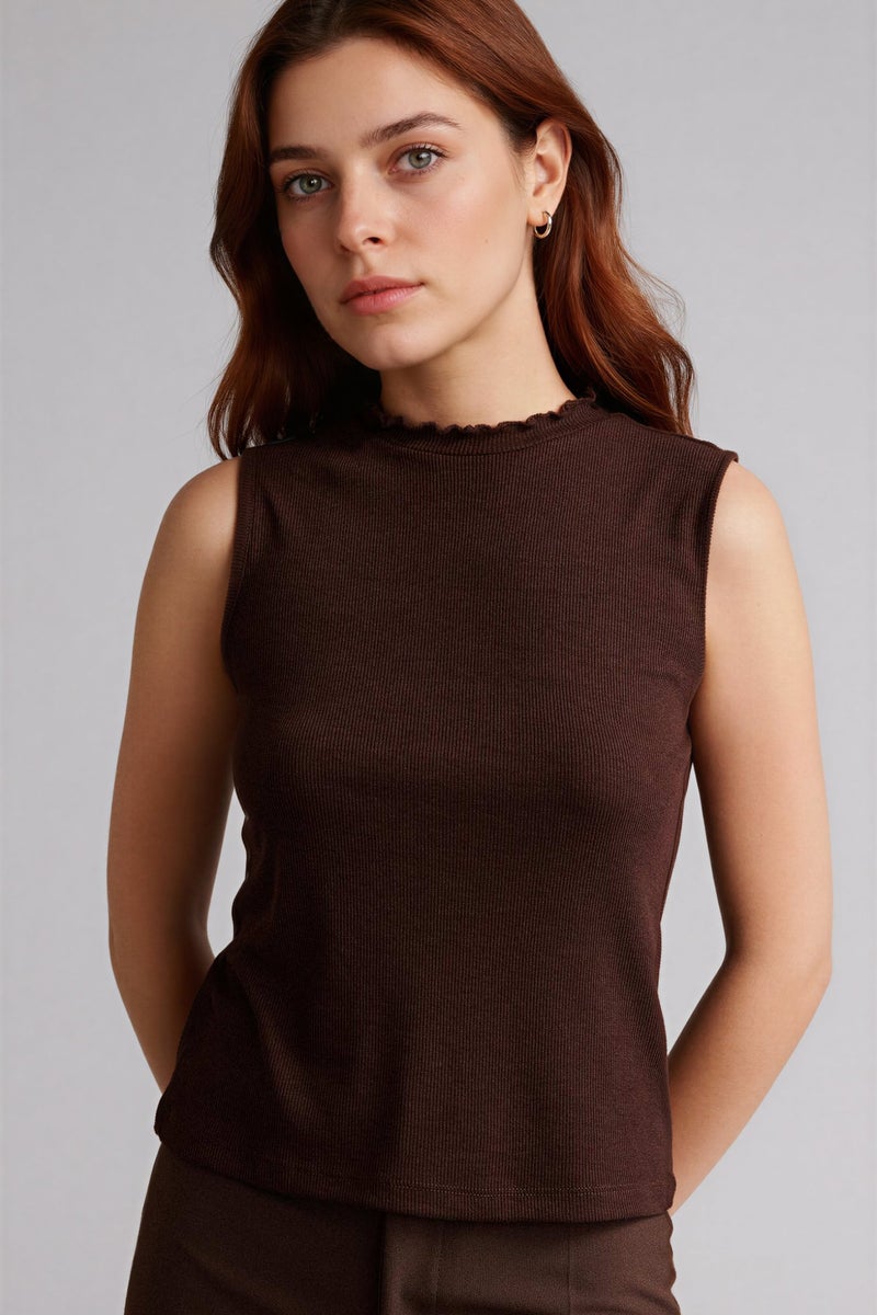 DeFacto Brown Woman Slim Fit Camisole Half Turtleneck Short Sleeve Tunic Casual - Image 1
