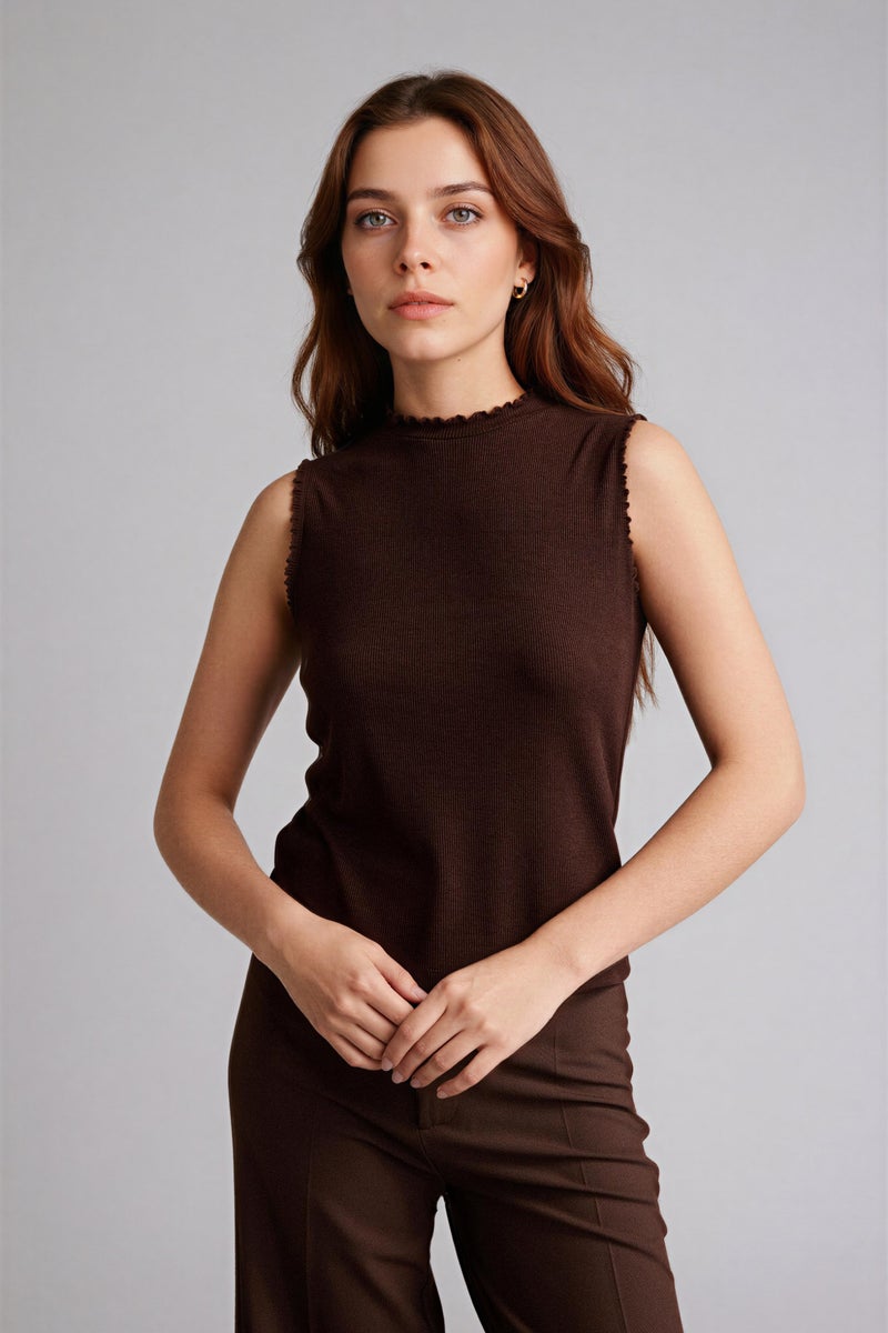 DeFacto Brown Woman Slim Fit Camisole Half Turtleneck Short Sleeve Tunic Casual - Image 3