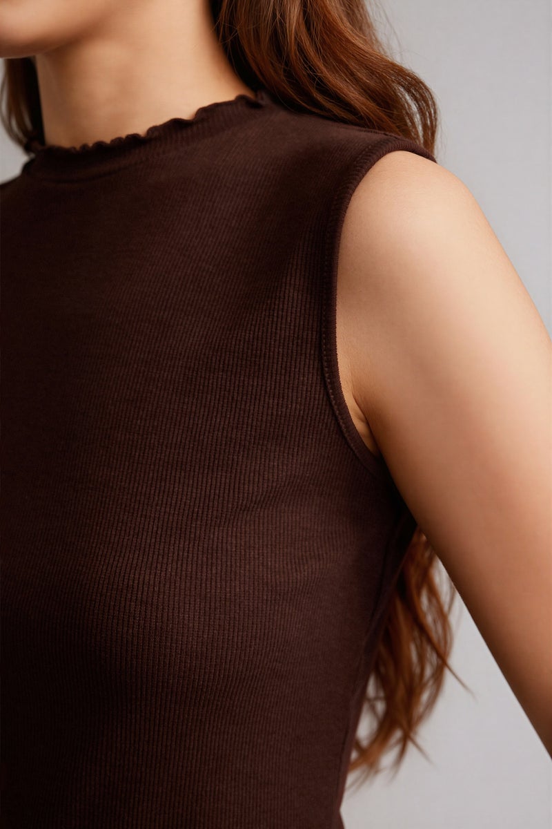 DeFacto Brown Woman Slim Fit Camisole Half Turtleneck Short Sleeve Tunic Casual - Image 4