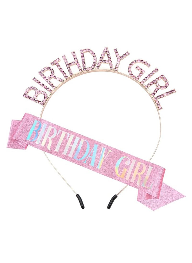 Birthday Girl Sash & Rhinestone Headband Set, Birthday Crowns for Girl, Rose Gold Glitter Birthday Sash Birthday Headband Gifts for Women Birthday Party Supplies - Image 1
