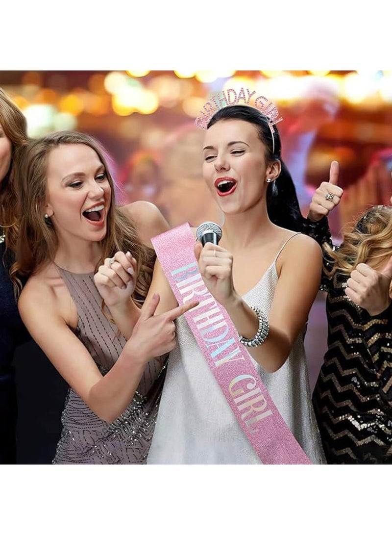 Birthday Girl Sash & Rhinestone Headband Set, Birthday Crowns for Girl, Rose Gold Glitter Birthday Sash Birthday Headband Gifts for Women Birthday Party Supplies - Image 2