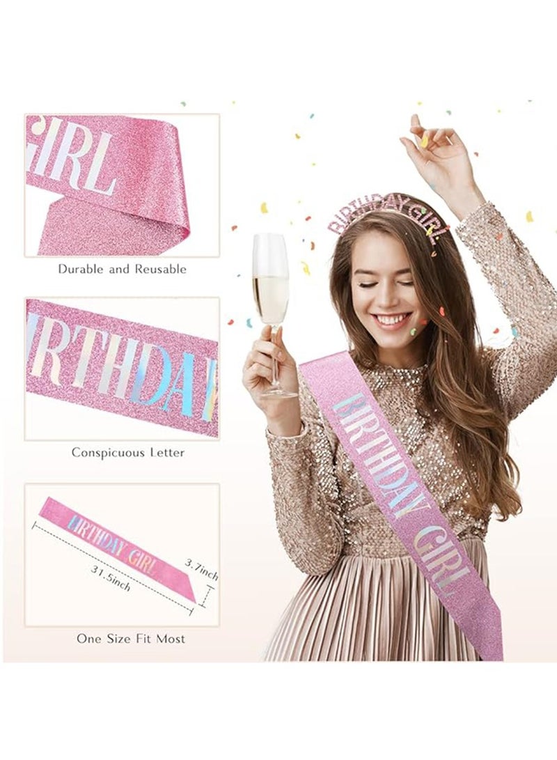 Birthday Girl Sash & Rhinestone Headband Set, Birthday Crowns for Girl, Rose Gold Glitter Birthday Sash Birthday Headband Gifts for Women Birthday Party Supplies - Image 3