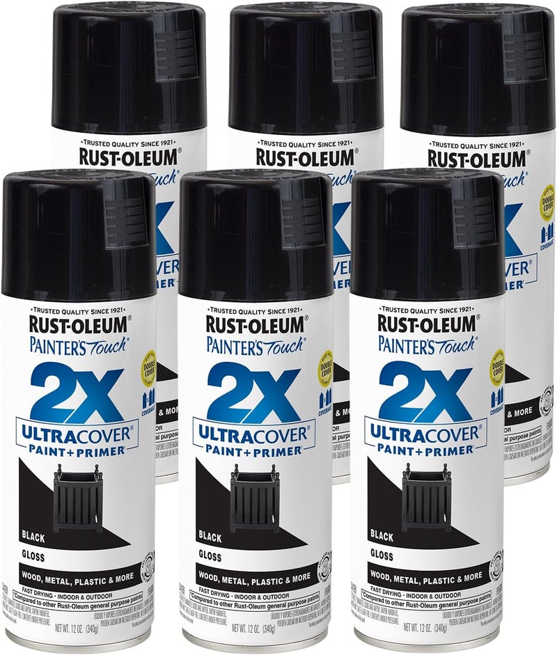 Rust-Oleum 249122-6PK Painter's Touch 2X Ultra Cover Spray Paint, 12 oz, Gloss Black, 6 Pack - Image 1