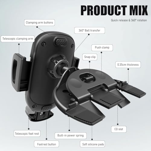 Gasedin Car Phone Holder for CD Slot, Magnetic or One Button Release Hands Free Car Phone Holder, Silicone Pad Protection and 360° Rotation Cell Phone Mount, Car Accessories - Image 3