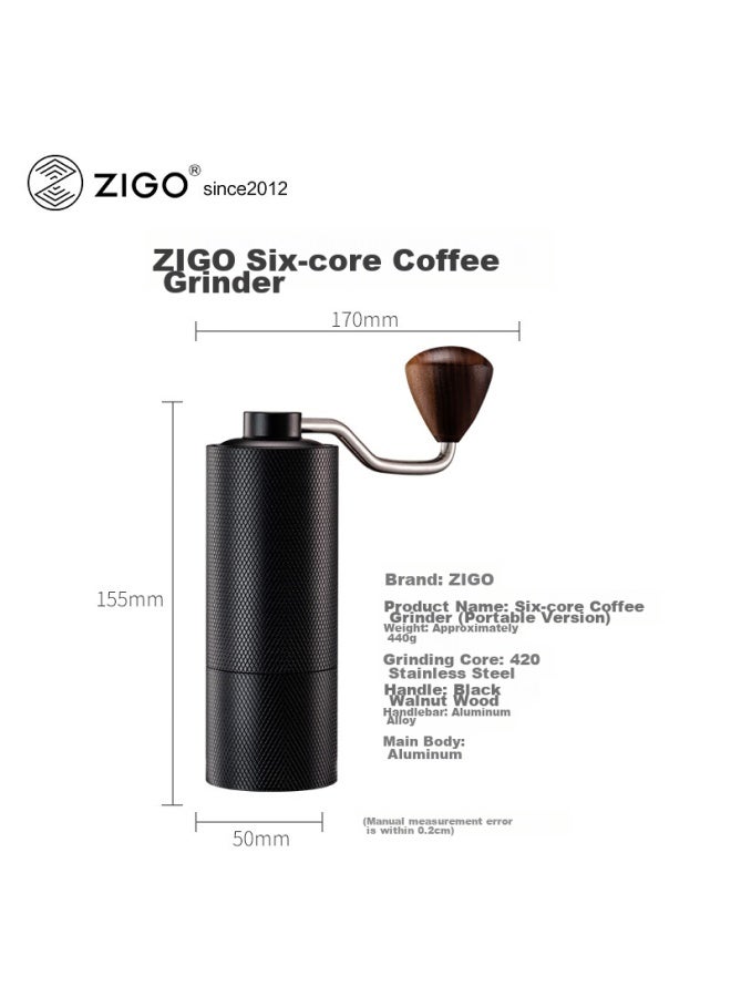 Zigo Hand-crank Coffee Grinder, Portable Cnc 6-blade Home Coffee Bean Grinder , Black - Image 4