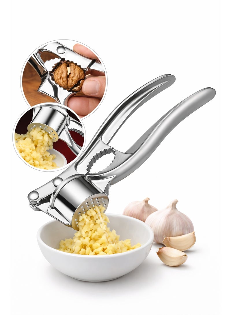 عصارة ثوم وكسارة جوز 2 في 1، ستانلس ستيل ثقيل التحمل، هراسة ثوم يدوية، أداة تكسير عين الجمل، سهلة التنظيف، مقبض متين للمطبخ