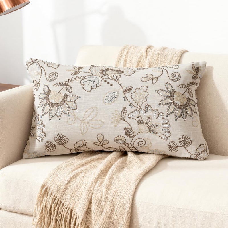 RinRinfam Floral Embroidered Lumbar Throw Pillow Cover 12x 20, Sequin Chinoiserie Flower Neutral Linen Pillow Cushion Cases, Farmhouse Decorative Pillows for Bed, Outdoor Couch White - Image 1