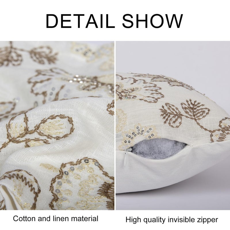 RinRinfam Floral Embroidered Lumbar Throw Pillow Cover 12x 20, Sequin Chinoiserie Flower Neutral Linen Pillow Cushion Cases, Farmhouse Decorative Pillows for Bed, Outdoor Couch White - Image 3