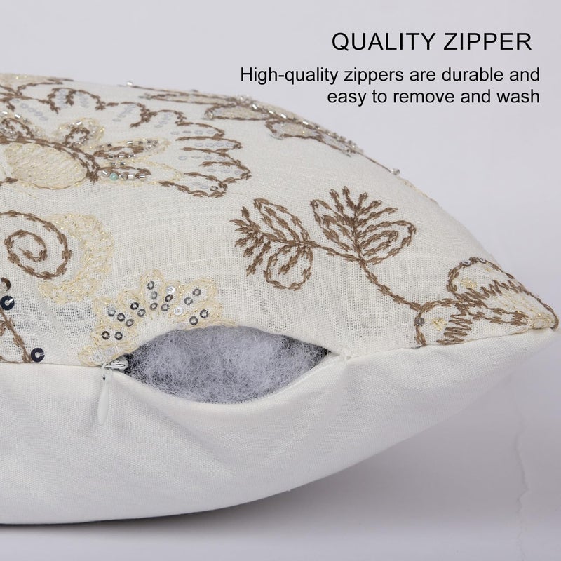 RinRinfam Floral Embroidered Lumbar Throw Pillow Cover 12x 20, Sequin Chinoiserie Flower Neutral Linen Pillow Cushion Cases, Farmhouse Decorative Pillows for Bed, Outdoor Couch White - Image 4