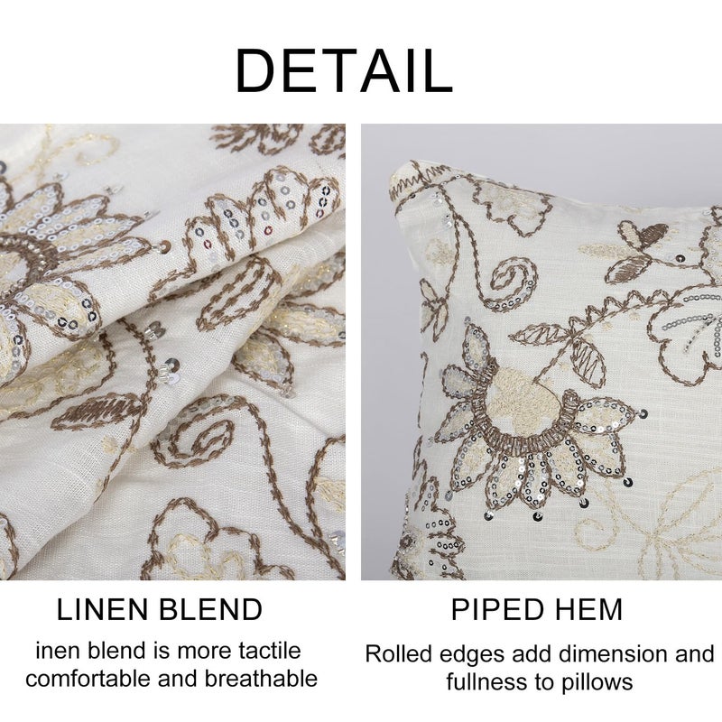 RinRinfam Floral Embroidered Lumbar Throw Pillow Cover 12x 20, Sequin Chinoiserie Flower Neutral Linen Pillow Cushion Cases, Farmhouse Decorative Pillows for Bed, Outdoor Couch White - Image 2
