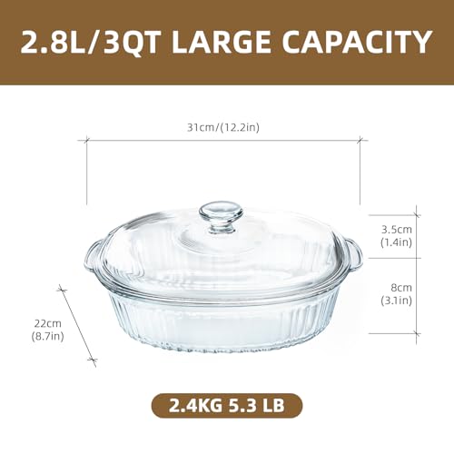 Luvan 2.8L/3Qt Glass Casserole Dish with Lid, Ribbed Oval Glass Baking Dish for Oven & Microwave, Clear Lead-Free Covered Casserole Cookware, Versatile Deep Glasses Food Container for Baking, Cooking - Image 2