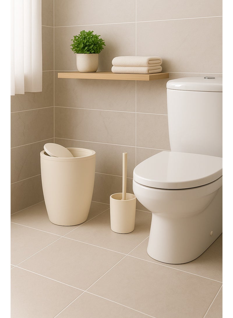 Primanova 2-Piece Matte Plastic Bathroom Set – 7.5 Liter Swing-Lid Waste Bin & Soft-Bristle Toilet Brush with Holder for Bathroom & Kitchen (Beige) - Image 3