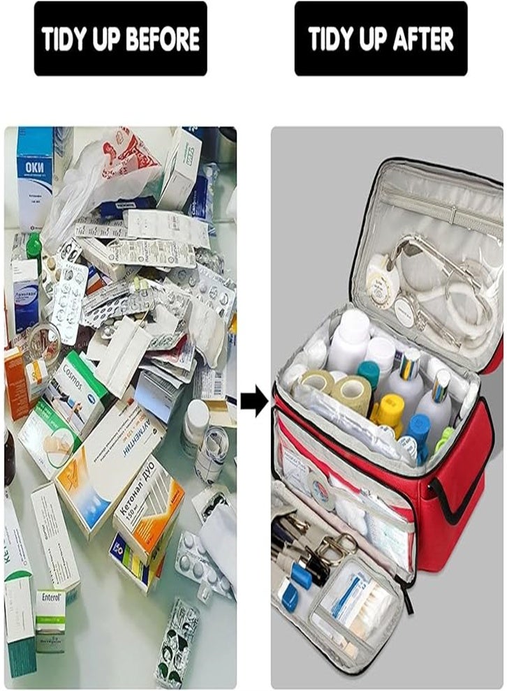 Multifunctional medicine storage bag, simple fabric layered medicine box, universal emergency medical kit for home and travel, a must-have for the family (red) - Image 2