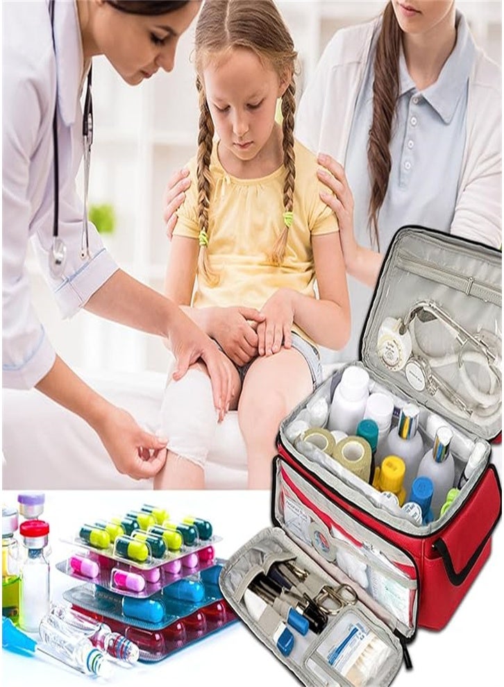 Multifunctional medicine storage bag, simple fabric layered medicine box, universal emergency medical kit for home and travel, a must-have for the family (red) - Image 1