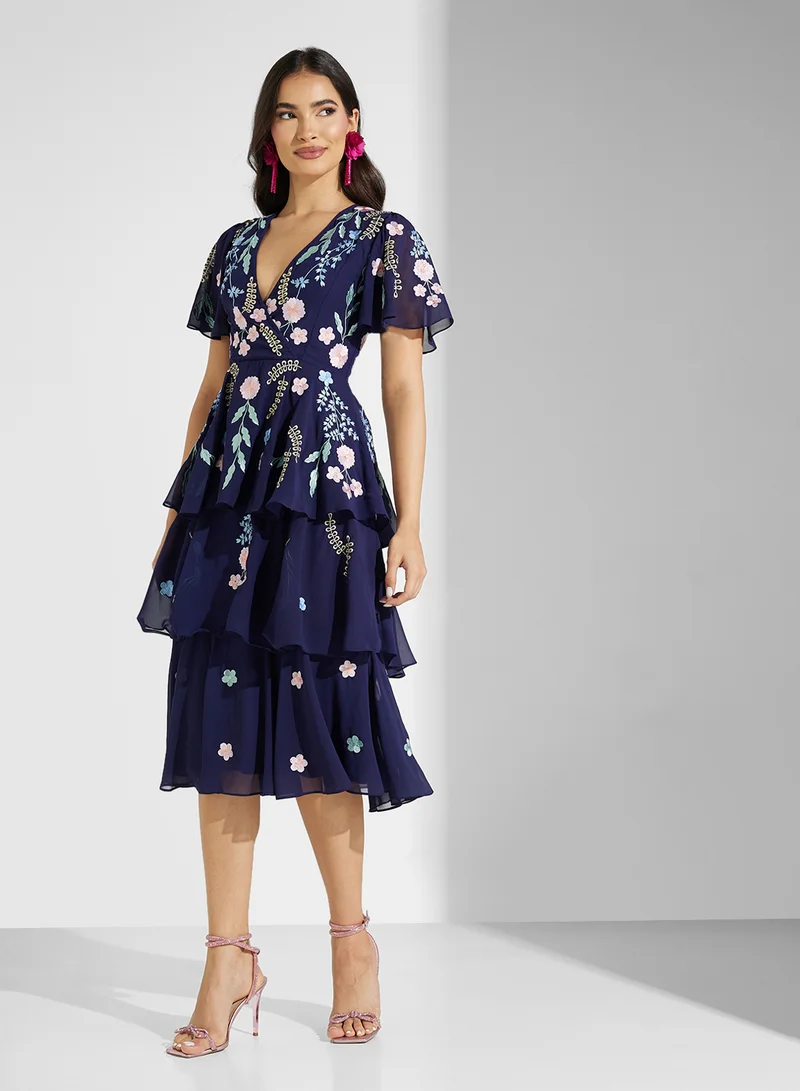 Frock and Frill Embellished Ruffles Midi Dress