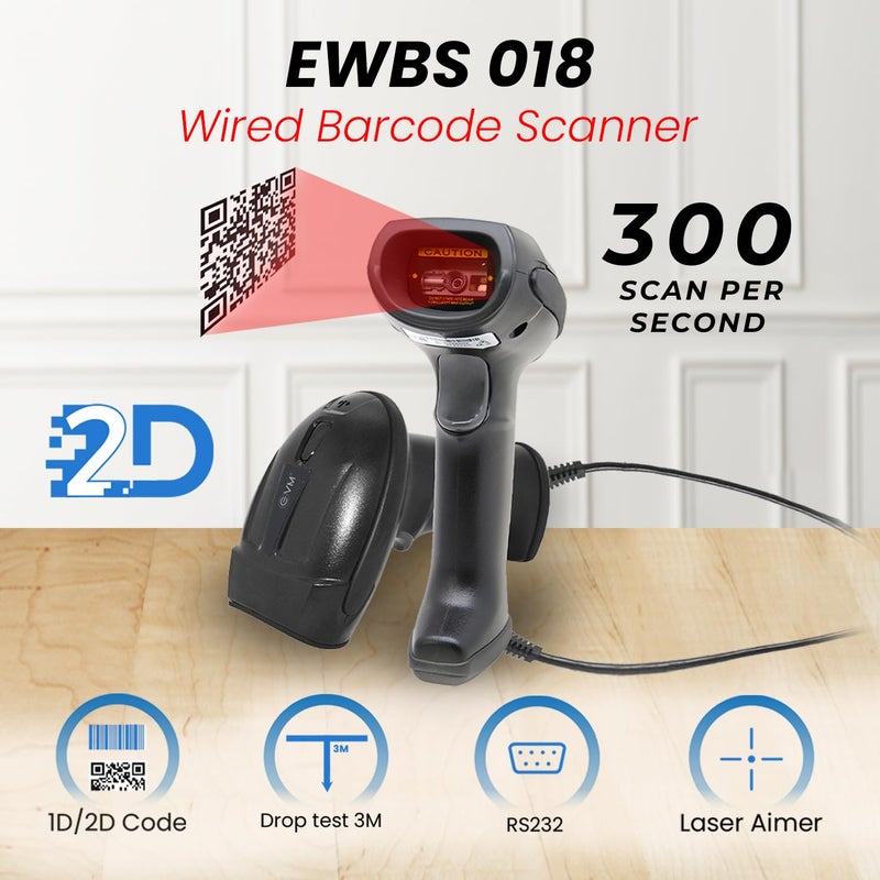 EVM ماسح الباركود السلكي EVMEWBS-018 2D – سرعة عالية 300 مسح/ثانية، دعم رموز 1D/2D، توصيل USB وتشغيل فوري - ضمان لمدة سنتين (EWBS-018 2D) - Image 2