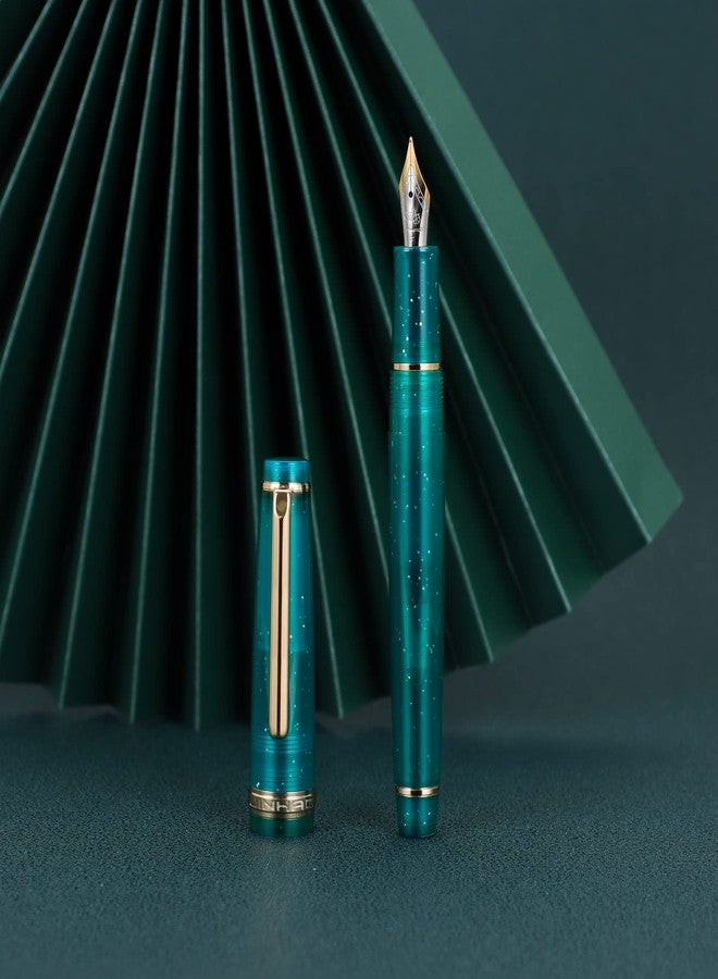 Wikult Jinhao 82 Acrylic Fountain Pen, Iridium Fine Nib with Ink Converter, Transparent Peacock Blue Fluorescent Classic Design Smooth Writing Pen (Gold Trim) - Image 4