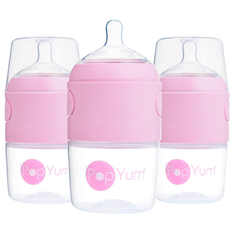 PopYum 5 oz Pink Anti-Colic Formula Making/Mixing/Dispenser Baby Bottles, 3-Pack with #1 Slow Flow Nipples, 150 ml, BPA-Free, Natural Latch - Image 1