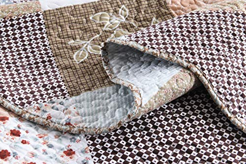 Travan 3-Piece Queen Quilt Set Quilted Bedspread Lightweight Reversible Coverlet Set Floral Printed Quilted Bedding Set with Shams for All Season, Brown Floral, Queen Size - Image 5