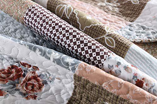 Travan 3-Piece Queen Quilt Set Quilted Bedspread Lightweight Reversible Coverlet Set Floral Printed Quilted Bedding Set with Shams for All Season, Brown Floral, Queen Size - Image 4