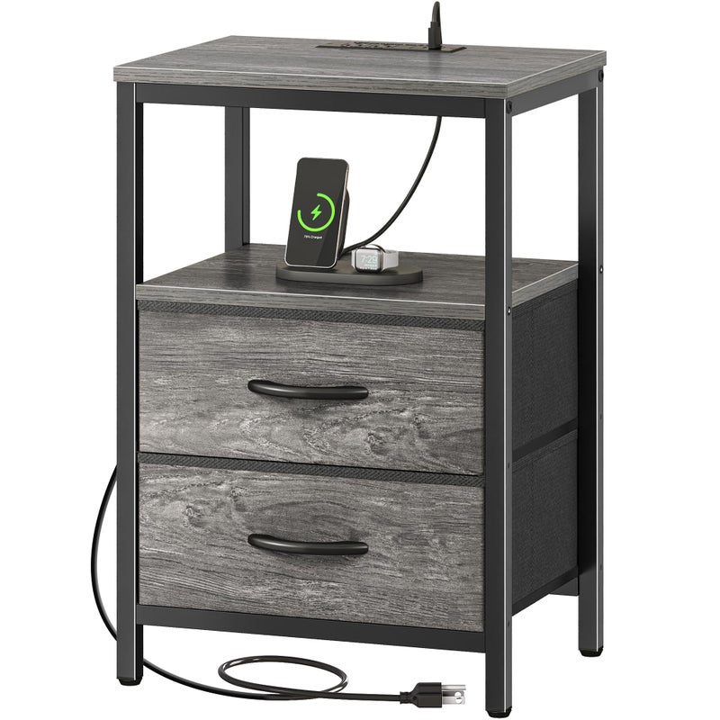 Huuger Nightstand with Charging Station, Fabric Drawers, End Table with Open Shelf, Bedside Table with USB Ports and Outlets, Night Stand for Bedroom, Gray - Image 1
