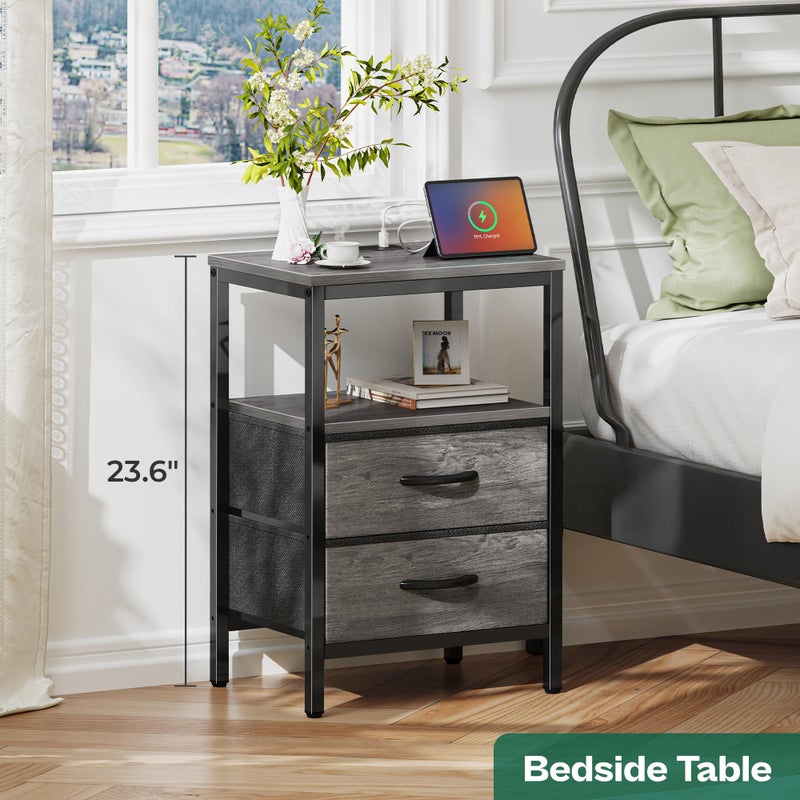 Huuger Nightstand with Charging Station, Fabric Drawers, End Table with Open Shelf, Bedside Table with USB Ports and Outlets, Night Stand for Bedroom, Gray - Image 2