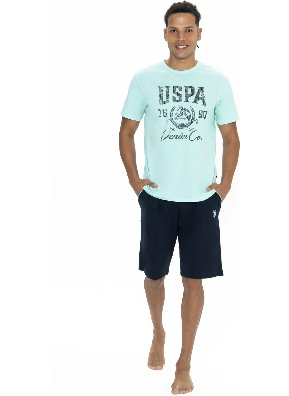 يو اس بولو اسن 18877 Men's Short Sleeve Crew Neck Pajama Set with Shorts-Green